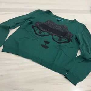 Alice + Olivia Green Sweater with Cat Design